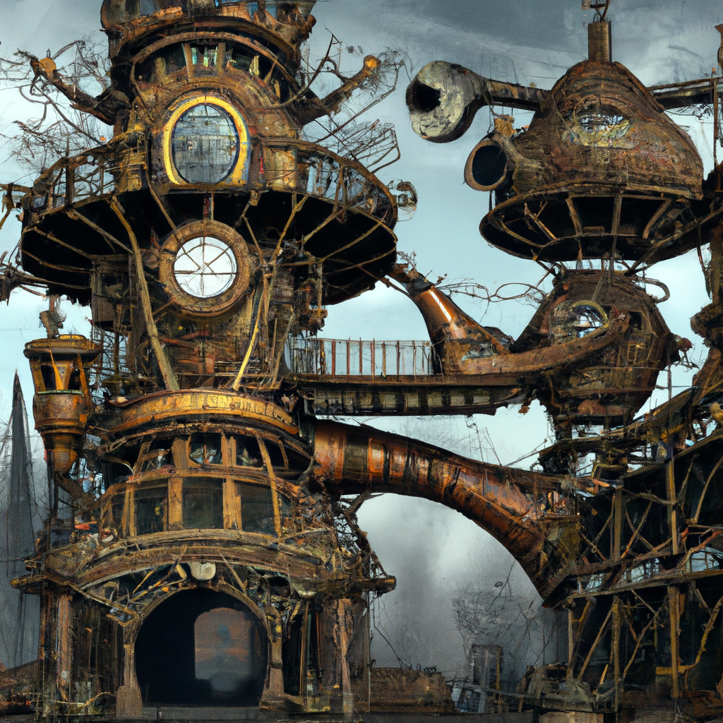 steampunk architecture, exterior view, award-winning architectural photography from magazine, trees, theater