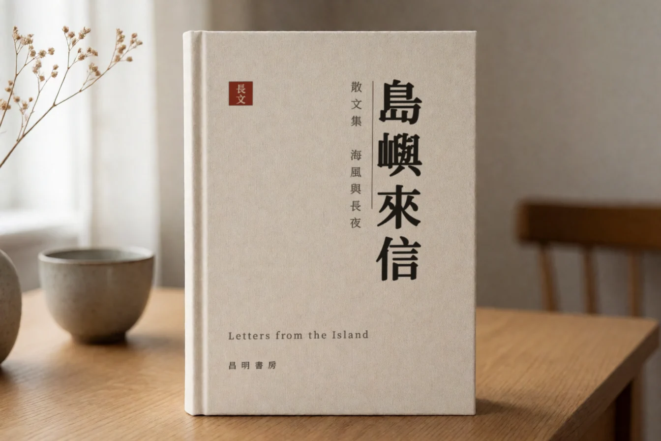 以昌明體排版直排書名「島嶼來信」的精裝書封示範