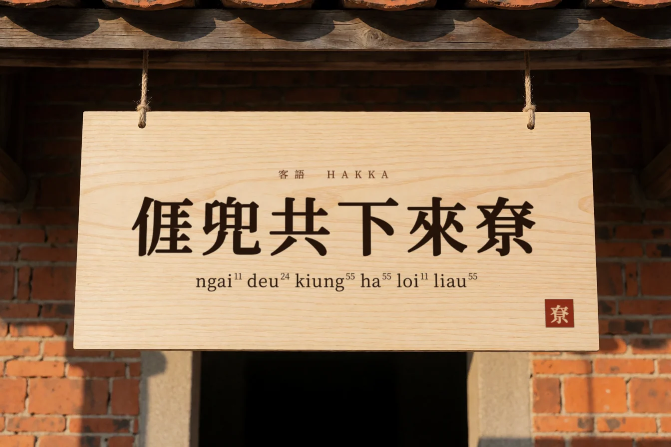 以昌明體排版客語「𠊎兜共下來尞」與四縣腔拼音的木招牌示範
