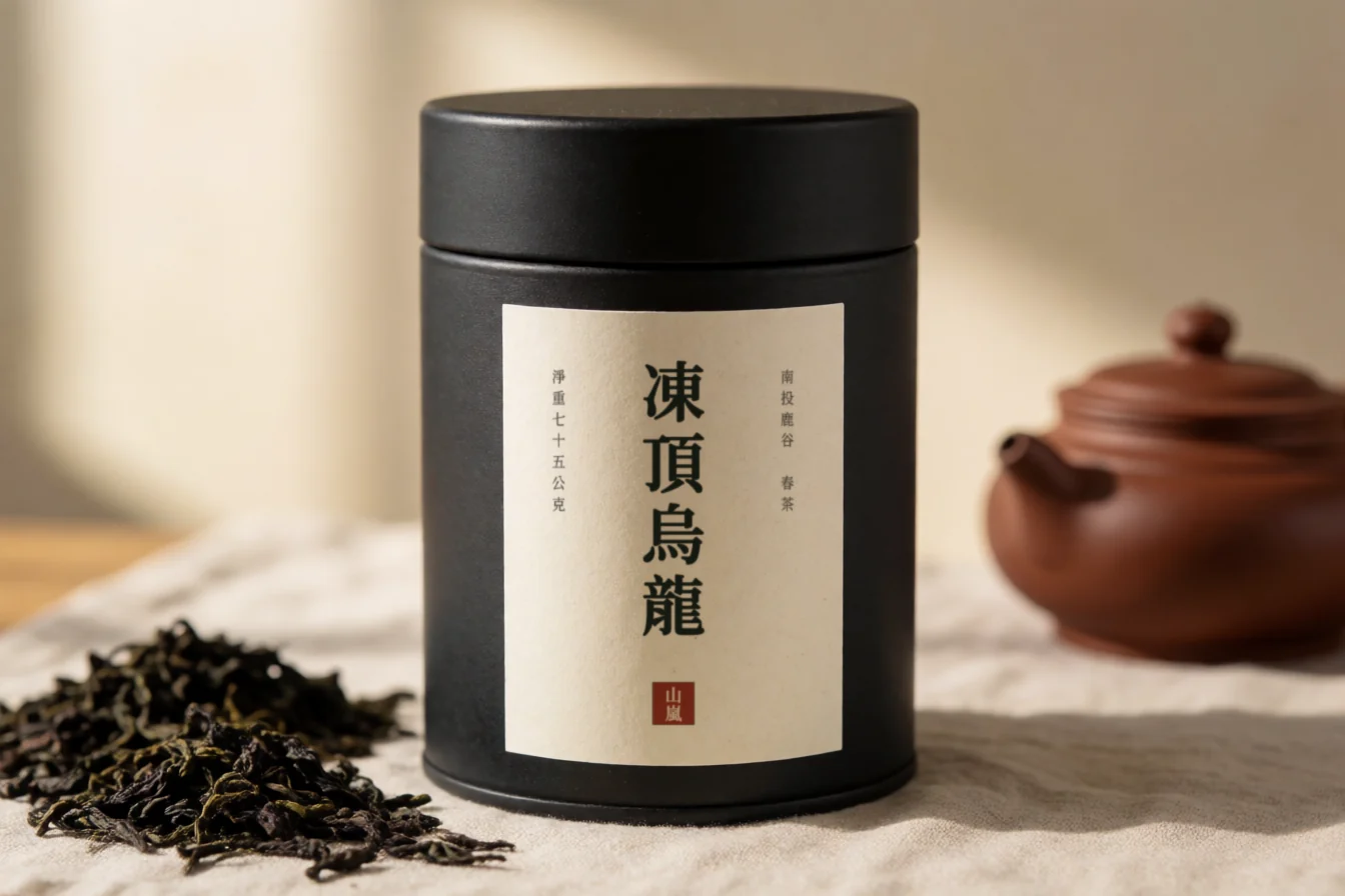 以昌明體排版「凍頂烏龍」直排標籤的茶葉罐示範