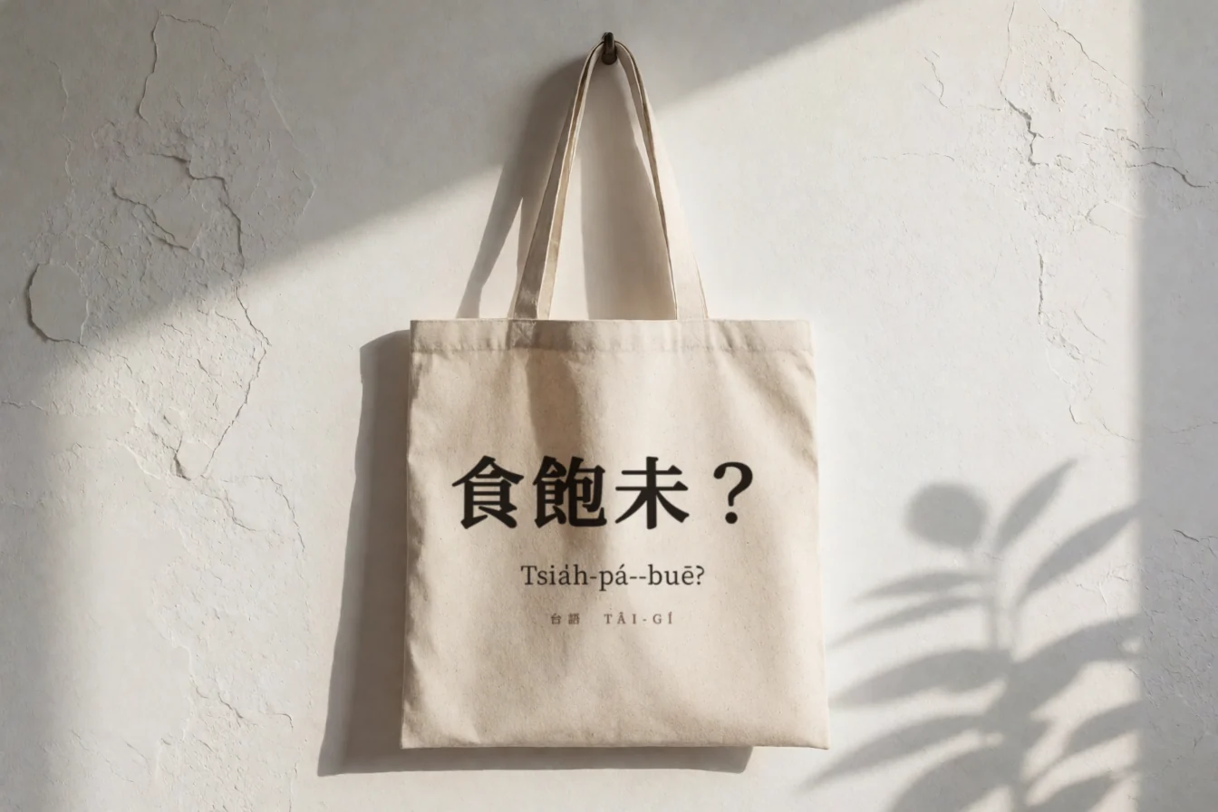 以昌明體印上台語「食飽未?」與台羅拼音的帆布袋示範